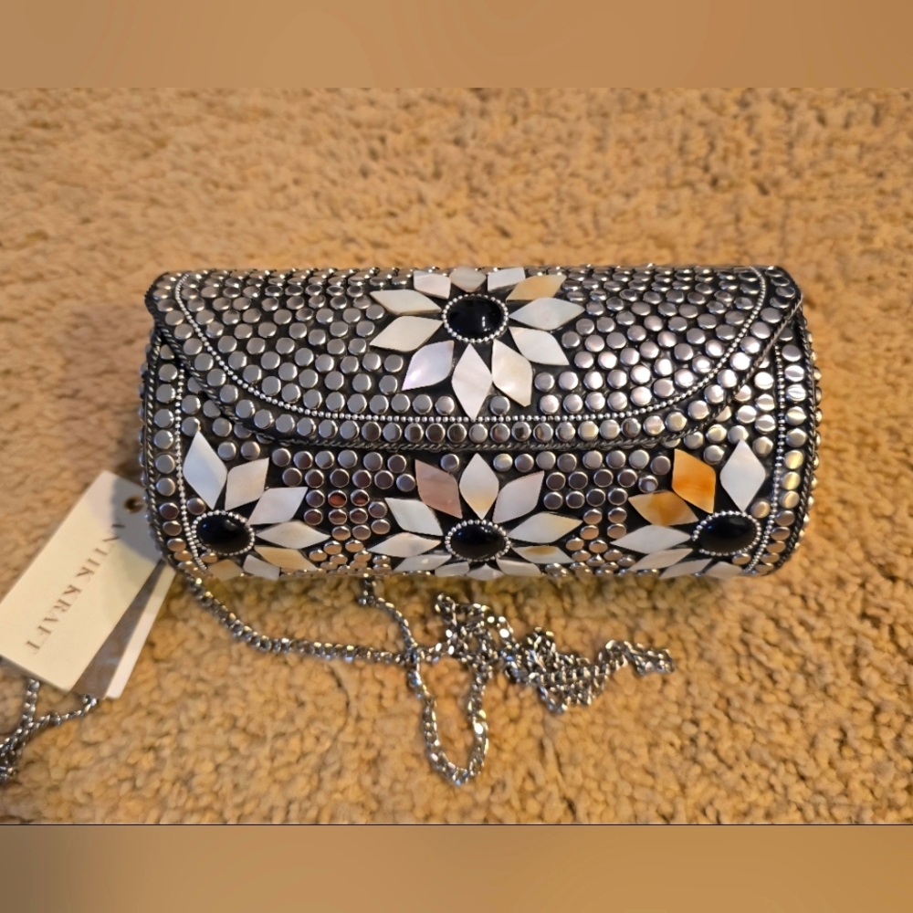 Antik Kraft Silver and Black Floral Clutch